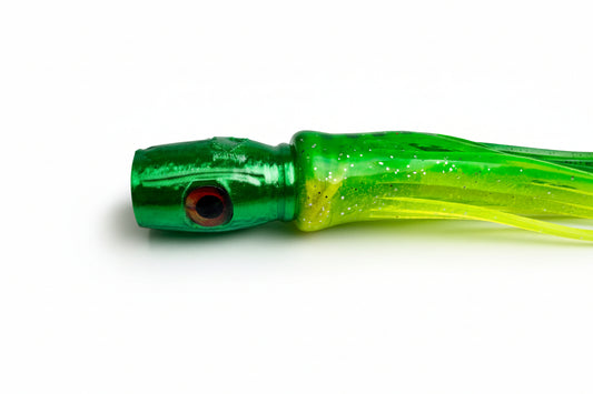 Green and yellow fishing lure on a gray background